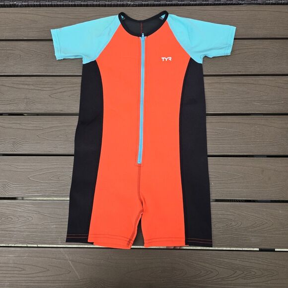 TYR Boys Girls Thermal Swim Suit Zip up Blue Orange Black  Size 7/8 New Sample - Picture 1 of 2